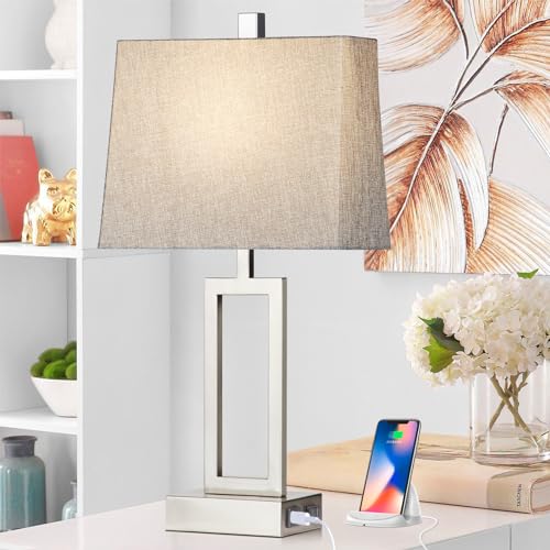 23.5-Inch Silver Touch Control Table Lamps Set of 2 with USB & Power Outlet