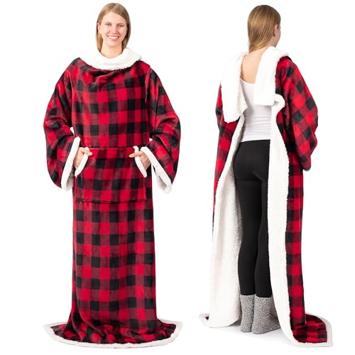 PAVILIA Sherpa Wearable Blanket with Sleeves, Checkered Red/Black 70x50 — Plush Cozy Throw for Adults