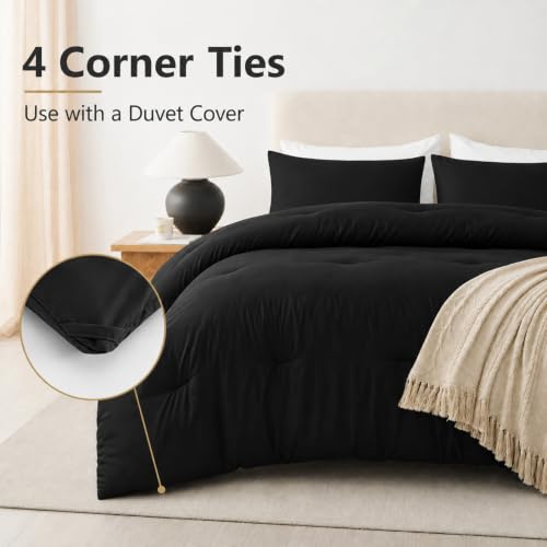 King Comforter Set with Corner Tabs - Black, 3 Pieces Down Alternative Bedding