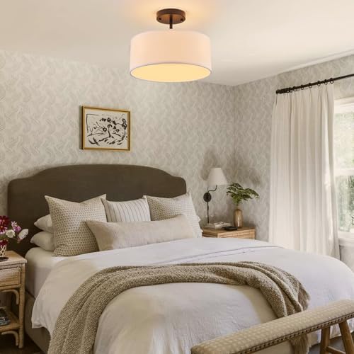 Semi Flush Mount Ceiling Light - 13-Inch Black Drum Fixture with White Fabric Shade - Variation: Black / 13 Inch