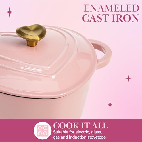 Pink Heart-Shaped 2-Quart Enamel Cast Iron Dutch Oven with Lid - Oven Safe to 500°F