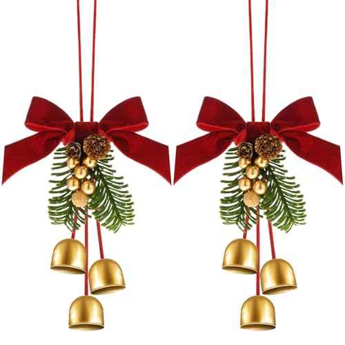 2 Pcs Christmas Wreath Bows with Jingle Bells and Pinecone Hanging Christmas Tree Topper Xmas Bow Pine Cones with Bell Pendant Decorative Bows Ornament for Party Decoration Kitchen Cabinet