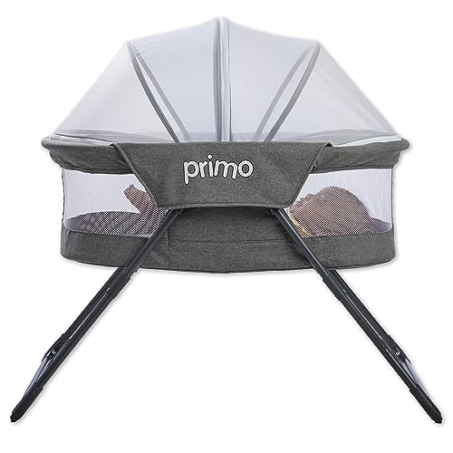Deluxe Heather Gray Folding Travel Bassinet - Lightweight Baby Bed & Bedside Crib with Mesh Canopy