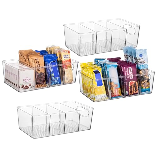 ClearSpace Pantry Organizer Bins 4 Pack, 10.5"L x 6"W x 3.5"H, Removable Dividers