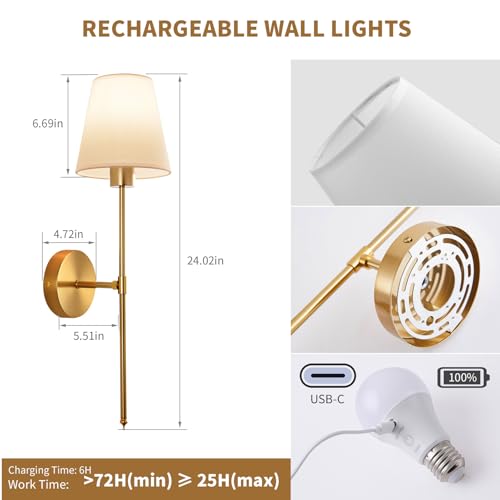 Wireless Battery Operated Wall Sconces Set of 2 - Gold, Dimmable RGB, Remote Control