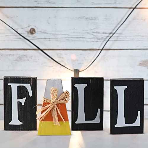 Ornativity Wooden Fall Shelf Blocks - Rustic Autumn Wooden Painted Candy Corn Centerpiece Shelf Sitters Farmhouse Mantel Shelves and Tabletop Home Decorations Candycane Ornament Decor Set 5.9"