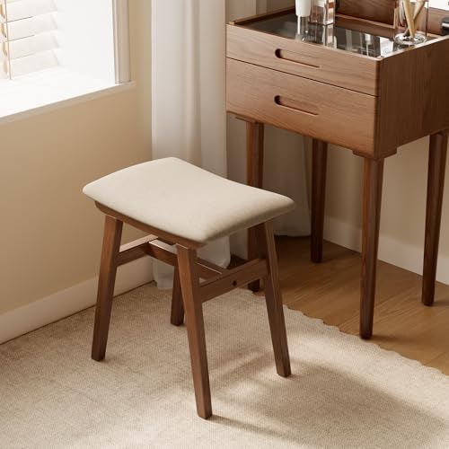 Muwuele 18.5" Walnut Solid Wood Vanity Stool with Cushion - Upgraded Wide Seat