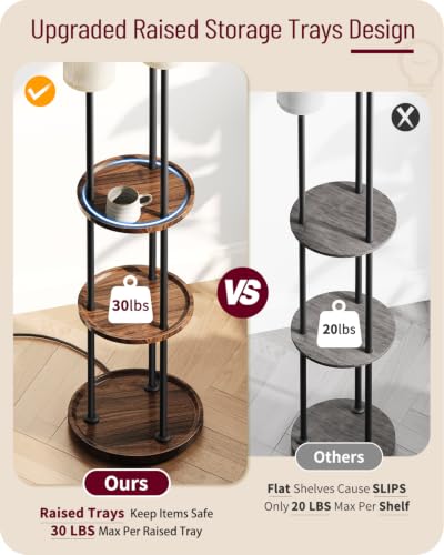 AZADESJET Walnut and Beige 66.1'' Modern Floor Lamp with Shelves & Linen Shades