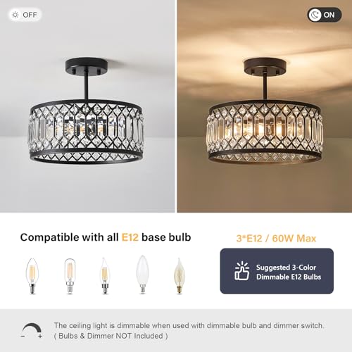 Pevfah Crystal Black Ceiling Light, 3-Light Semi Flush Light Fixture,