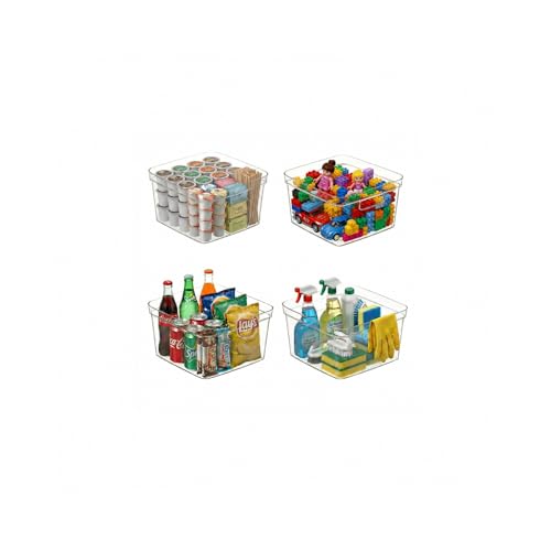 MOONEDGE 4-Pack 10x10x6 Clear Plastic Storage Bins with Handles - Food-Grade, Open Top Organizer