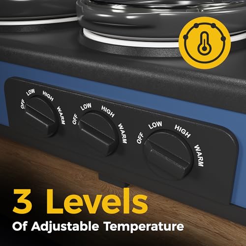 SUNVIVI Blue Triple Slow Cooker with 3 Removable Ceramic Pots & Glass Lids