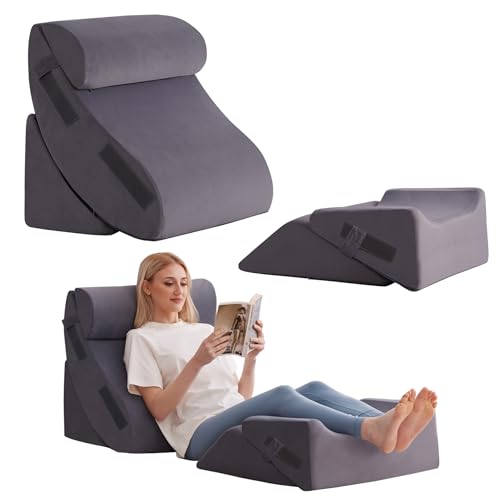 Ahpmeoa 5-Piece Memory Foam Wedge Pillow Set for Post-Surgery, Grey Plush