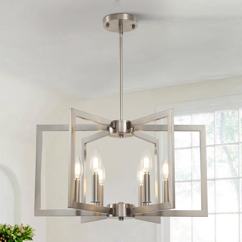 6-Light Modern Metal Geometric Chandelier - Brushed Nickel, 21in Kitchen Island Pendant Light Fixture