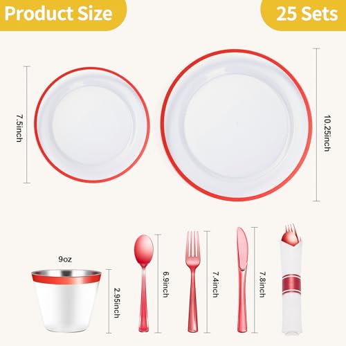Goodluck 175 Pcs Red Disposable Dinnerware Set for 25 Guests - Clear Plastic Plates & Utensils