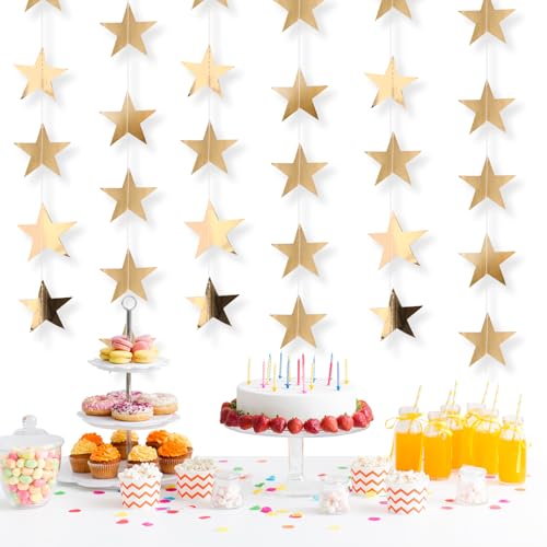 Metallic Gold Paper Star Garland 6 Pack 13ft, Mirror Streamers, Shiny