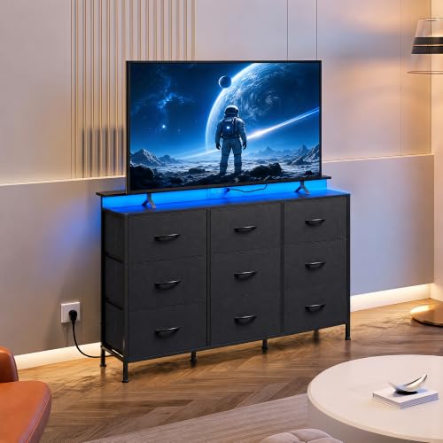 WLIVE Black 9-Drawer TV Stand Dresser with LED Lights & Fabric Storage
