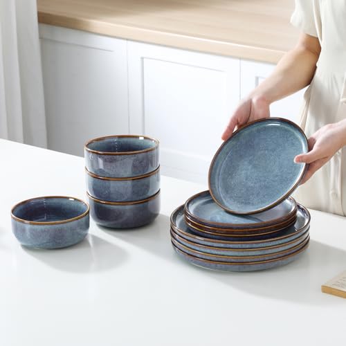 Grey Blue 12-Piece Dinnerware Set for 4 - Plates & Bowls with Reactive Glaze