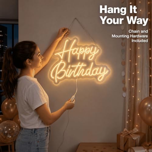 Happy Birthday Neon Sign 22x16.9in LED Dimmable Warm White - Wall Decor & Photo Prop