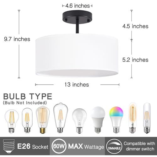 Semi Flush Mount Ceiling Light - 13-Inch Black Drum Fixture with White Fabric Shade - Variation: Black / 13 Inch