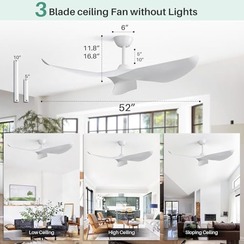 A-52 Inch White Ceiling Fan with Remote Control, 3 Blades, Low Profile, No Light