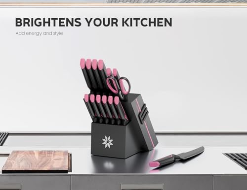 ASETY Soft Pink 15-Piece Kitchen Knife Set with Block & Sharpener