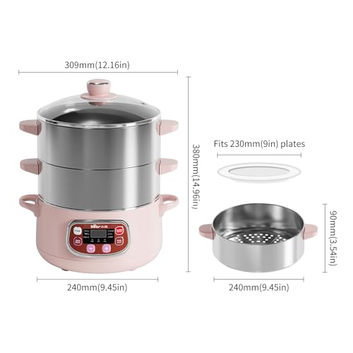 Bear 8.5 Quart Electric Food Steamer with 2-Tier Stainless Steel Baskets, Digital Timer & Auto Shut-Off