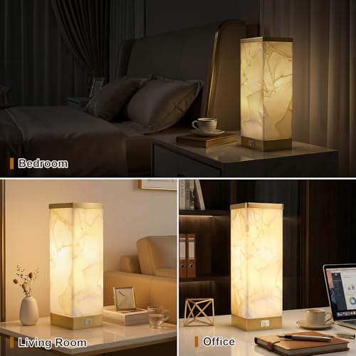 Off-White Alabaster Table Lamp for Living Room - 3-Way Dimmable & USB Ports