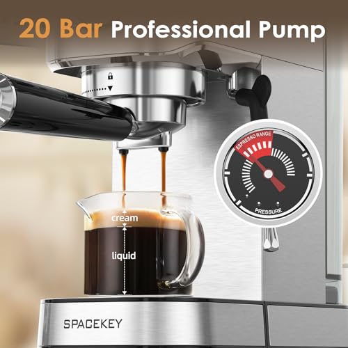 Spacekey Silver Espresso Machine with Milk Frother, 20 Bar Compact Coffee Maker for Home, 39oz Water Tank, Fast Heating