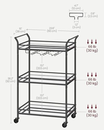 VASAGLE Black 3-Tier Bar Cart with Mirrored Glass Shelves, Portable & Sturdy