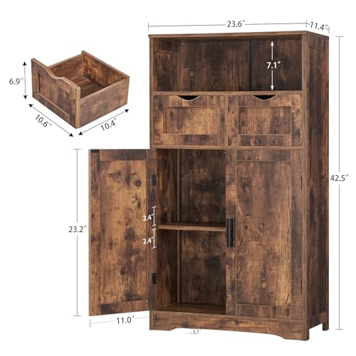 Iwell Rustic Brown Bathroom Storage Cabinet with 2 Drawers and Adjustable Shelves