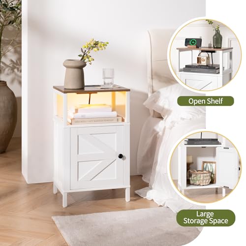 Yoobure Farmhouse Nightstand with Charging Station - White, Barn Door Style