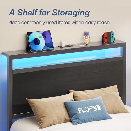 Twin Bed Frame with Headboard, Footboard, LED Lights & Charging Station - Classic Black