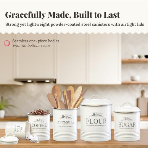 Noonberry 5-Piece Farmhouse Canister Set Cream White for Kitchen Counter & Storage