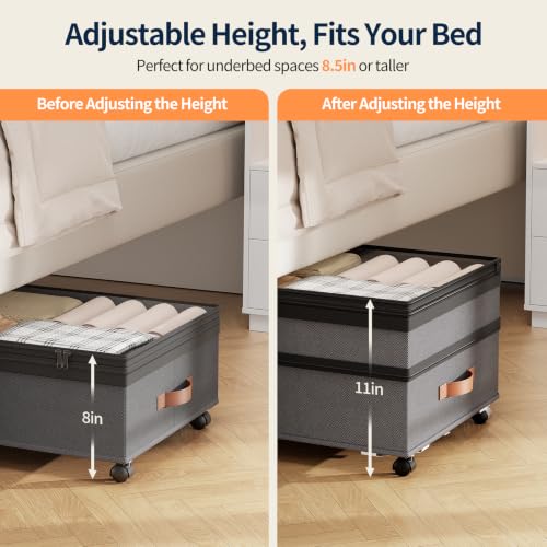 Yecaye 90L Under Bed Storage with Wheels - Grey 2 Pack, Adjustable Height