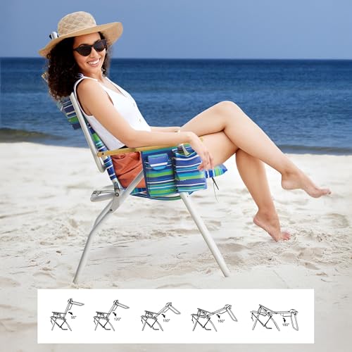 Yestomo Striped Blue & Green Tall Backpack Beach Chair, 17" Seat Height, 5 Reclining Positions, Supports 350lbs