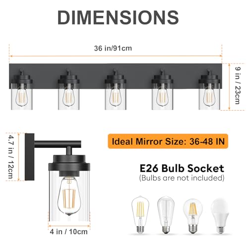 IZORRO 36 Inch Black 5-Light Bathroom Vanity Light Fixture with Clear Glass Shades - Modern Farmhouse Style, Dimmable, Over Mirror