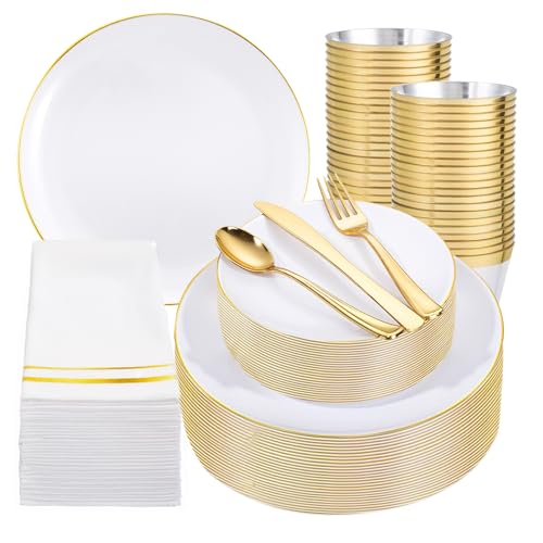 50 Guests Round Gold Disposable Dinnerware Set - Plates, Cups, Silverware & Napkins