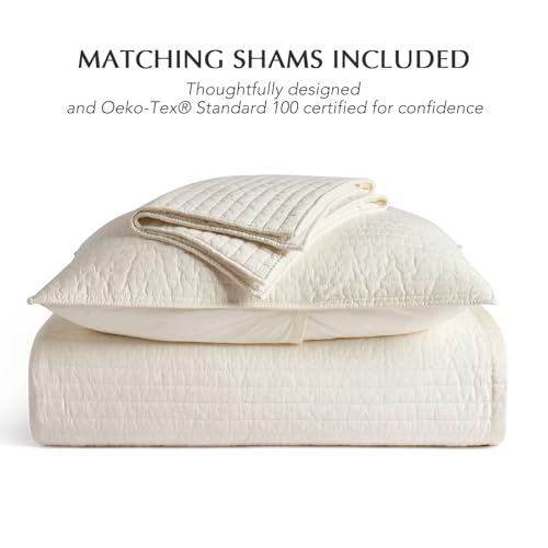 Cotton Sateen Quilt Set Queen Cream with Pillow Shams, 92x96 Inches - EverGrace