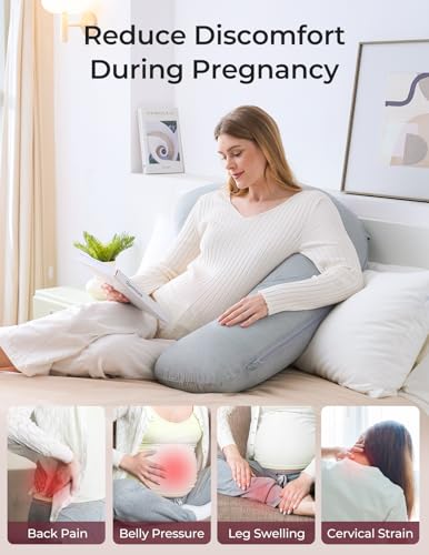 Momcozy J-Shaped Cooling Pregnancy Pillow with Deep Grey Cover – Supportive Maternity Pillow for Sleeping & Comfort