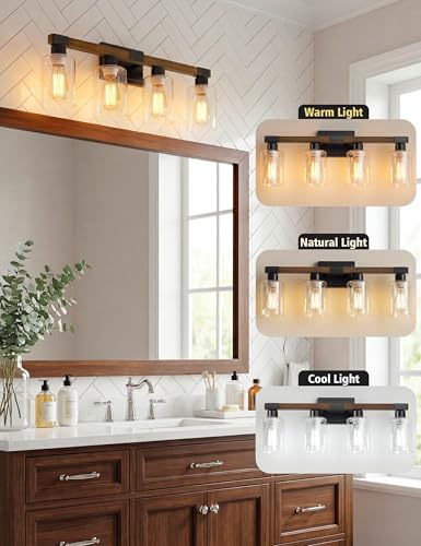 Wood Finish 4-Light Farmhouse Bathroom Vanity Light Fixture - UL Certificated