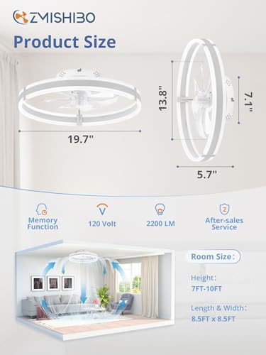 ZMISHIBO 19.7'' White Ceiling Fan with Lights Remote & App Control, Reversible DC Motor