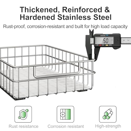 Pull Out Cabinet Organizer 2-Pack Stainless Steel Slim Slide Out Drawers - 11.8 x 16.5 x 4.7 Inches