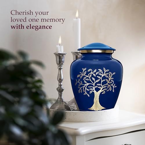 Blue Tree of Life Cremation Urn for Adults - Handcrafted Aluminum Memorial with Threaded Lid