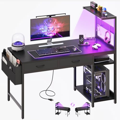 40 Inch Small Gaming Desk with RGB LED Lights, Drawers & Storage Bag - Black - YOUDENOVA