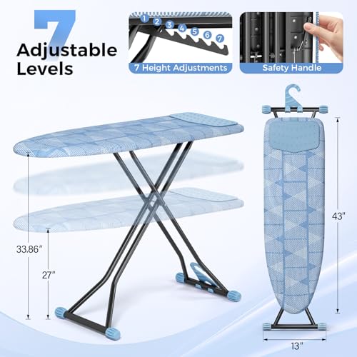 KINGBOARD Ironing Board with Silicone Iron Mat - Blue, 13x43 Inch, Adjustable Height