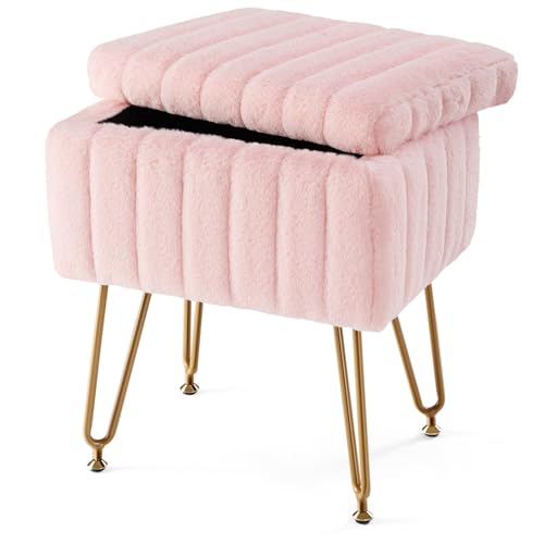 Pink Faux Fur Vanity Stool with Storage - 18.9 Inch Padded Makeup Chair with Adjustable Metal Legs