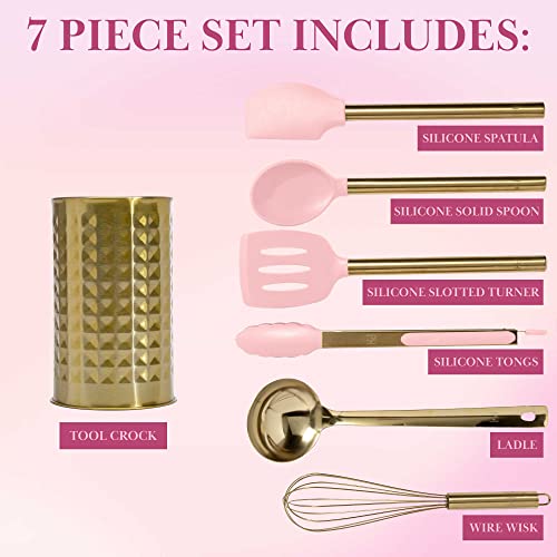 Paris Hilton 7-Piece Kitchen Utensil Set with Silicone Tools & Stainless Steel Crock, Pink & Gold