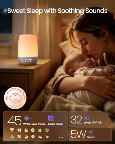White Noise Sound Machine for Sleep with 45 Relaxing Sounds & Adjustable Light