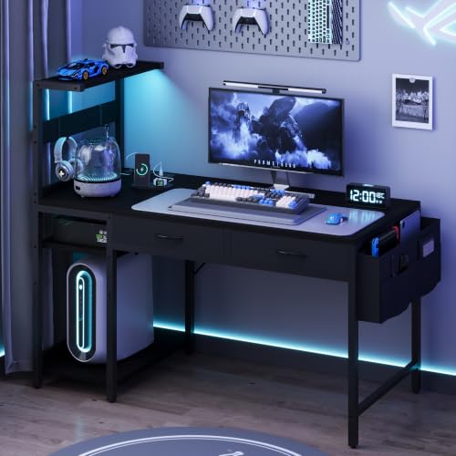 40 Inch Small Gaming Desk with RGB LED Lights, Drawers & Storage Bag - Black - YOUDENOVA