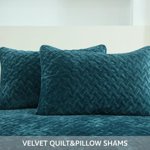 Liians Velvet Bedspread Quilt Coverlet Bedding Set Teal King Size